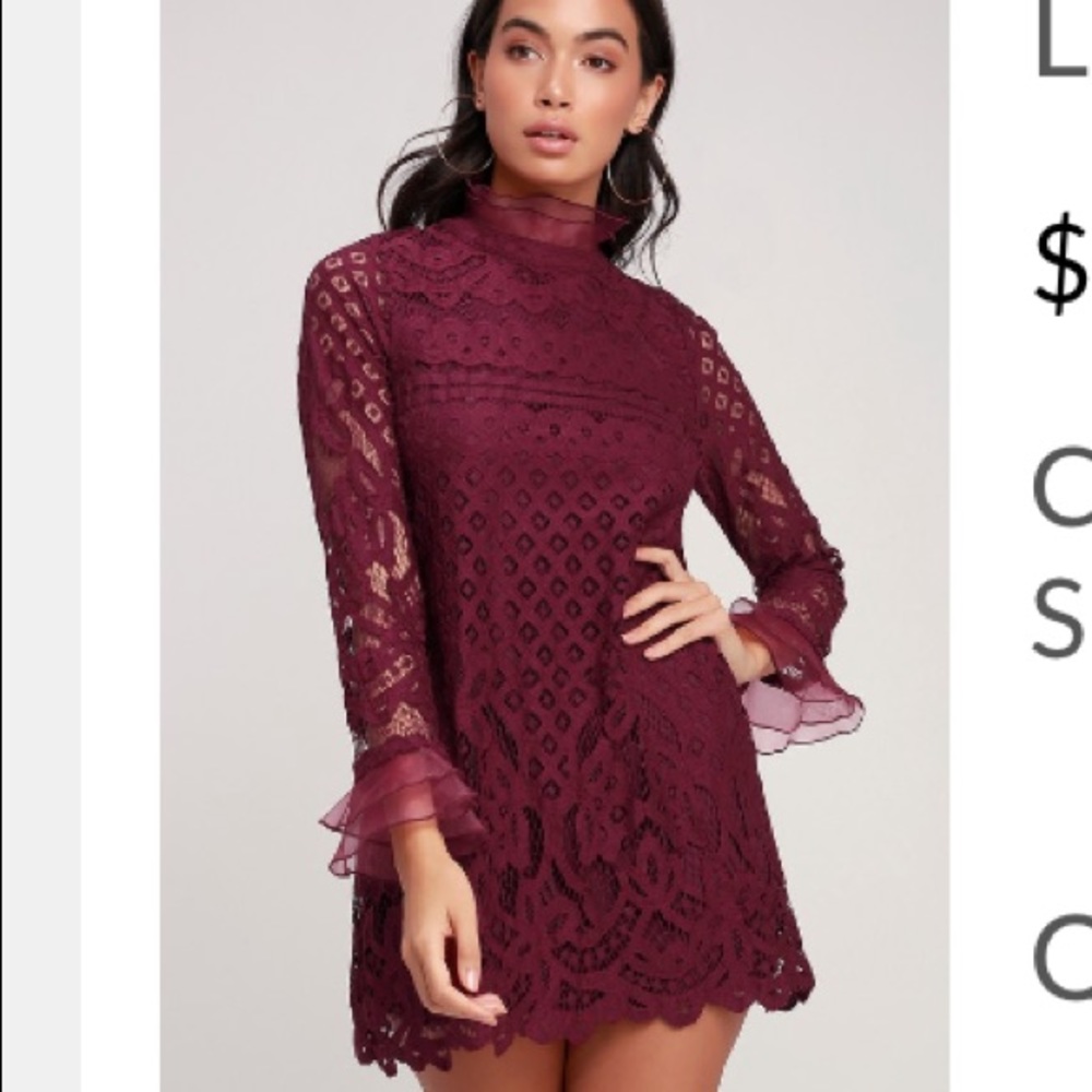 Lulu’s Burgundy Lace Long Sleeve Shift Dress